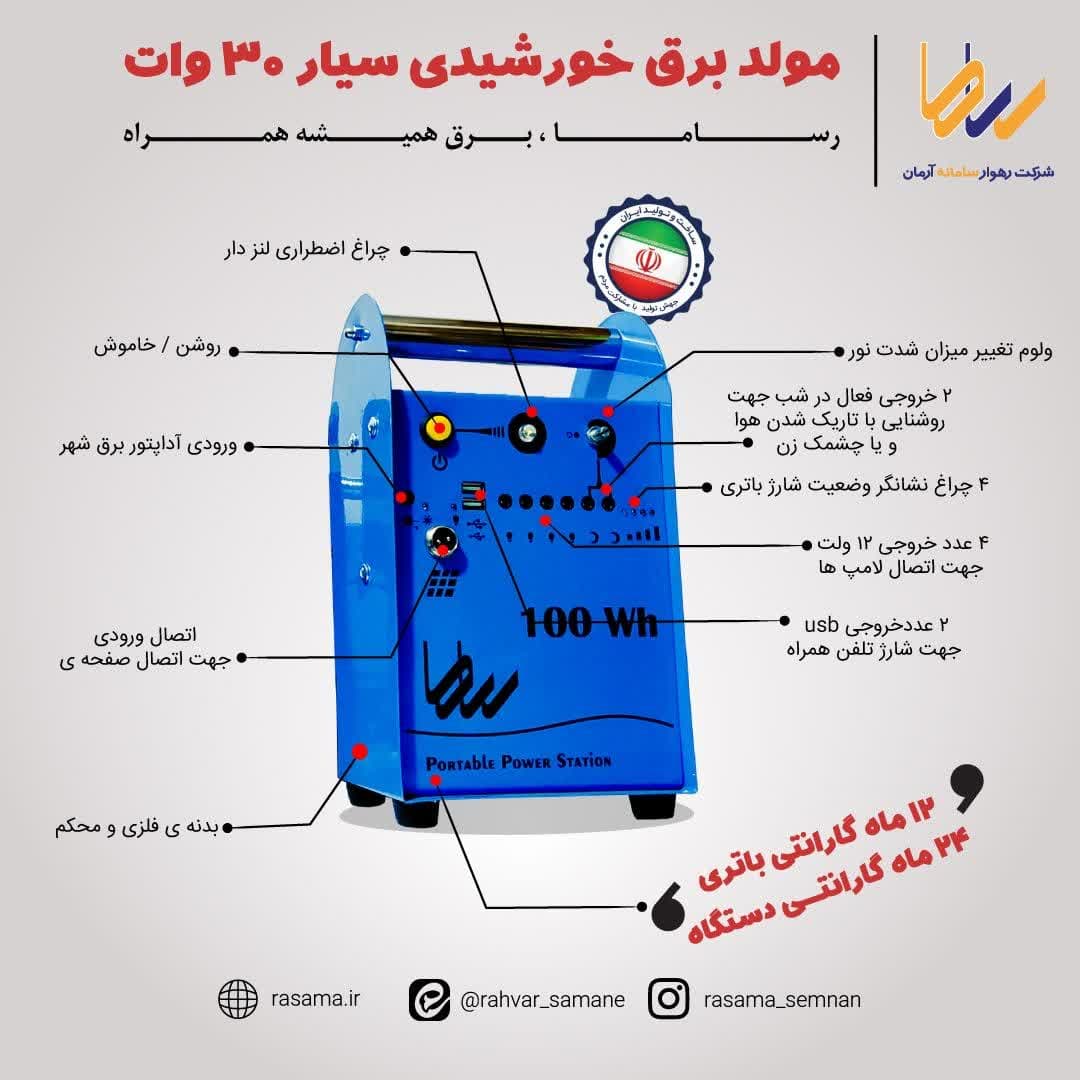 پکیج خورشیدی مسافرتی و کمپینگ 100 وات ساعت به همراه پنل خورشیدی 30 وات